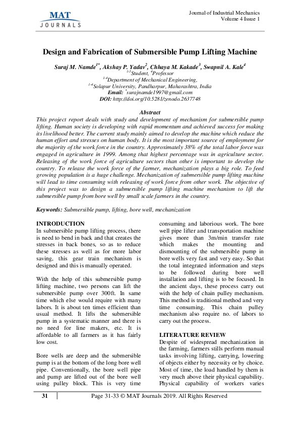 (PDF) Design and Fabrication of Submersible Pump Lifting Machine