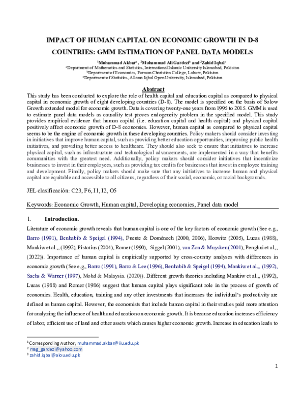 (PDF) IMPACT OF HUMAN CAPITAL ON ECONOMIC GROWTH IN D-8 COUNTRIES: GMM ...