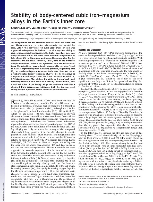 (PDF) Stability of bodycentered cubic ironmagnesium alloys in the Earth's inner core L