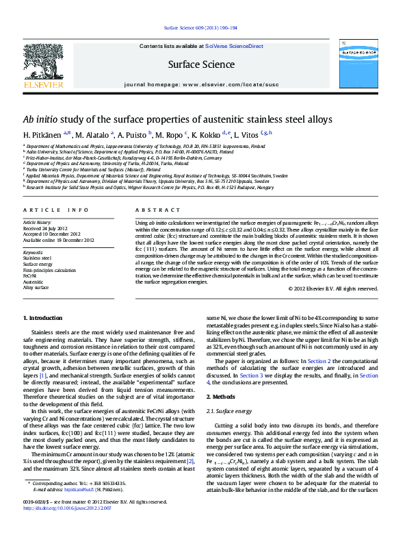 (PDF) Ab initio study of the surface properties of austenitic stainless ...