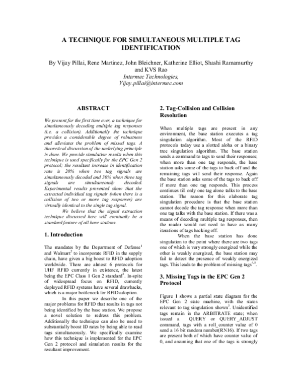 (PDF) A Technique for Simultaneous Multiple Tag Identification