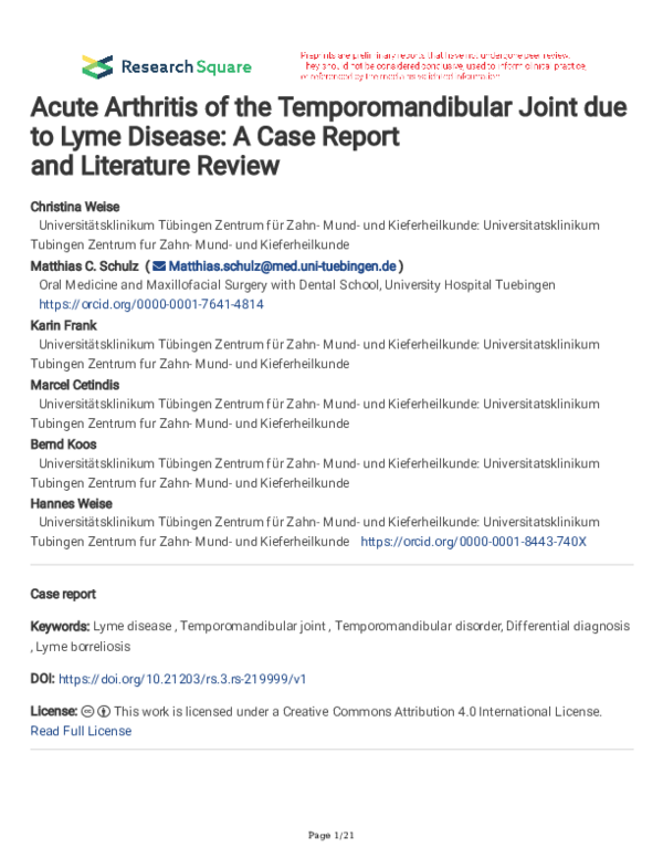 (PDF) Acute Arthritis of the Temporomandibular Joint due to Lyme Disease A Case Report and