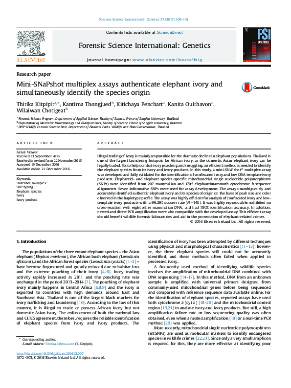 (PDF) MiniSNaPshot multiplex assays authenticate elephant ivory and simultaneously identify the
