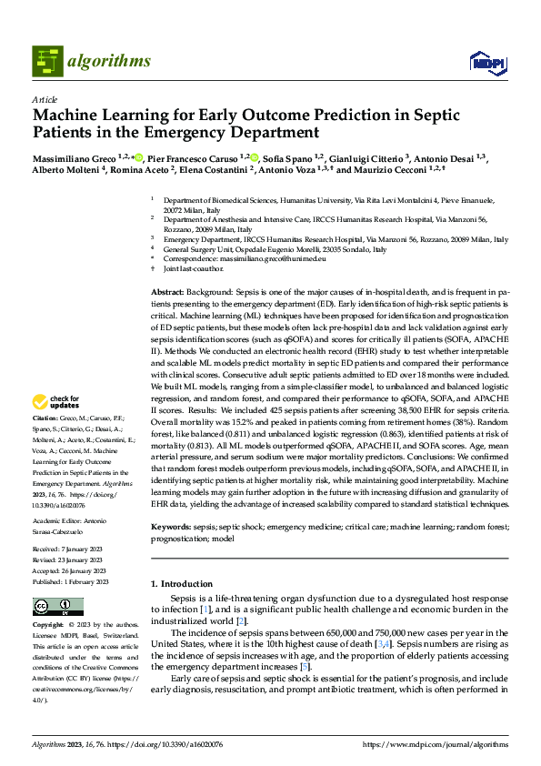 (PDF) Machine Learning for Early Outcome Prediction in Septic Patients ...