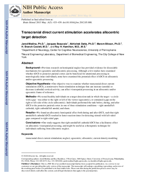 (PDF) Transcranial Direct Current Stimulation Accelerates Allocentric ...