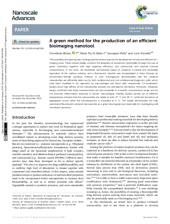 (PDF) A green method for the production of an efficient bioimaging nanotool