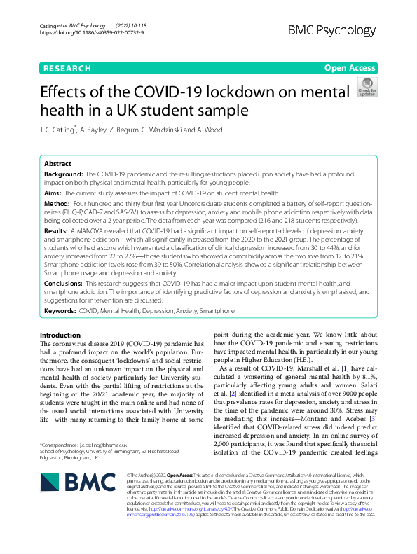 (PDF) Effects of the COVID-19 lockdown on mental health in a UK student ...