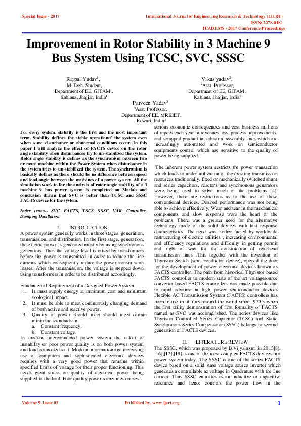 (PDF) Improvement in Rotor Stability in 3 Machine 9 Bus System Using ...
