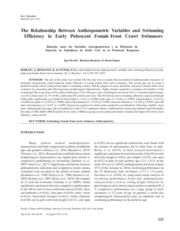 (PDF) The Relationship Between Anthropometric Variables and Swimming ...
