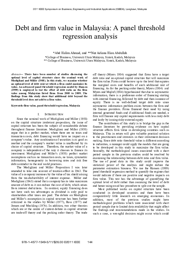 (PDF) Debt and firm value in Malaysia: A panel threshold regression ...