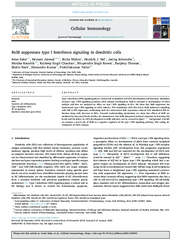 (PDF) RelB suppresses type I Interferon signaling in dendritic cells