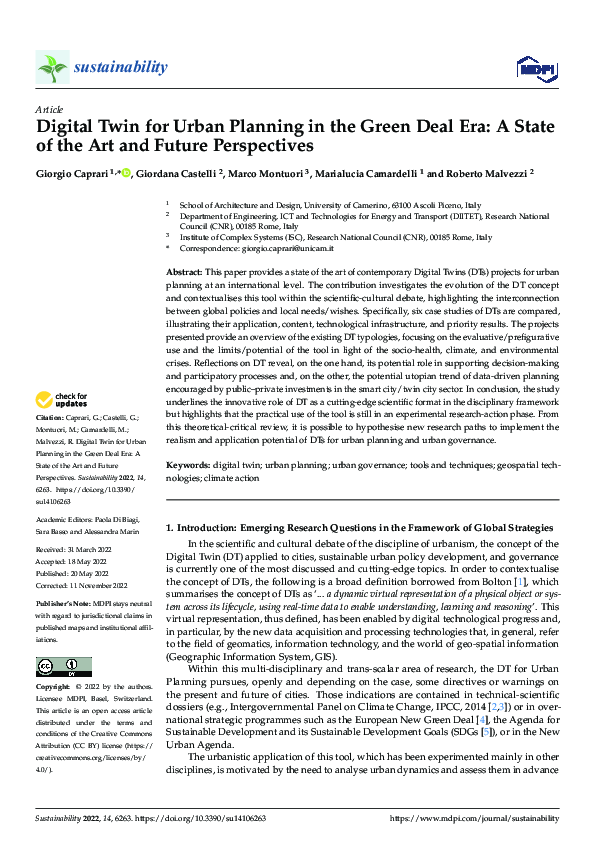 (PDF) Digital Twin for Urban Planning in the Green Deal Era: A State of ...