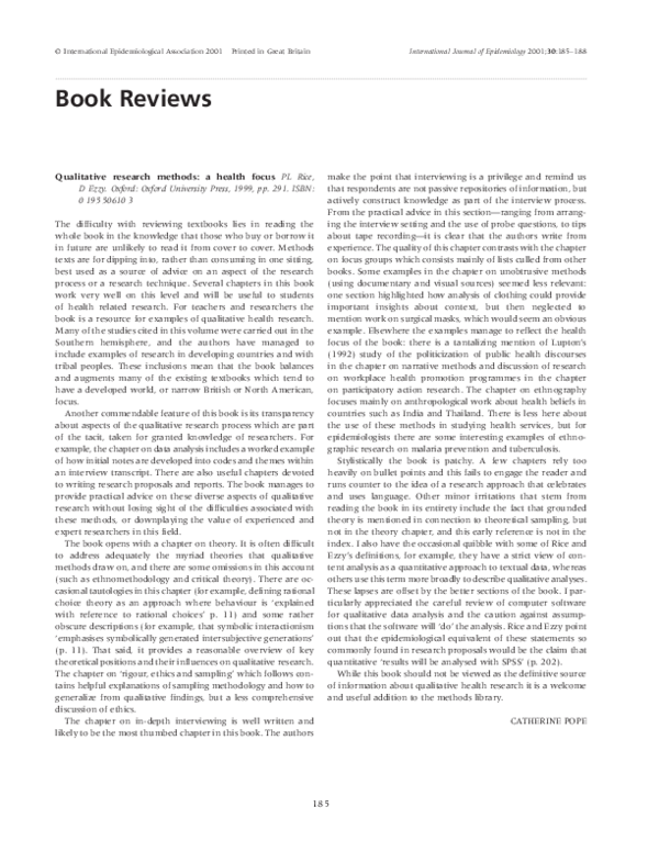 (PDF) Qualitative research methods: a health focus: PL Rice, D Ezzy ...
