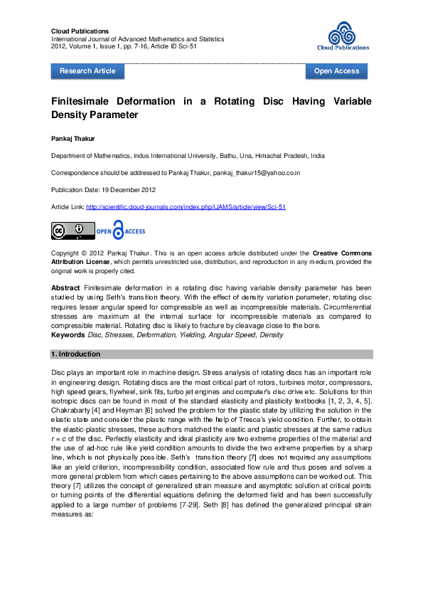 (PDF) Finitesimale Deformation in a Rotating Disc Having Variable ...