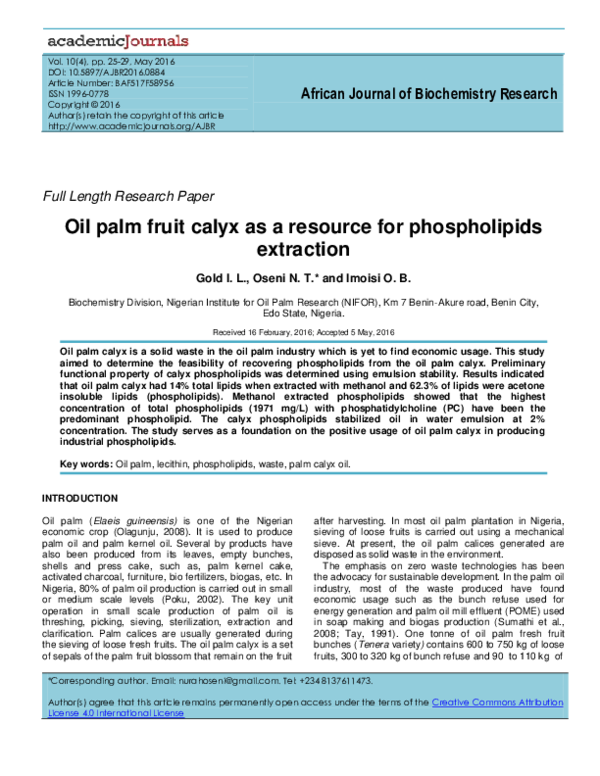 (PDF) Oil palm fruit calyx as a resource for phospholipids extraction