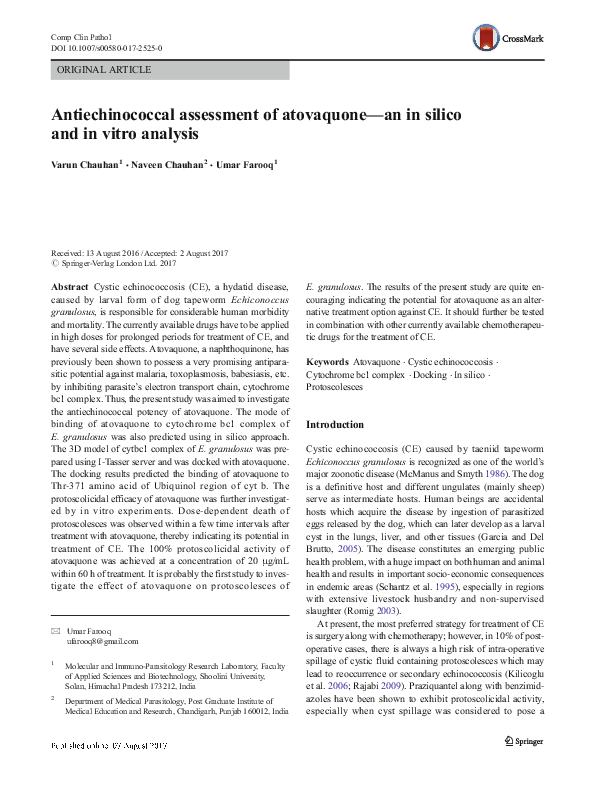 (PDF) Antiechinococcal assessment of atovaquone—an in silico and in ...