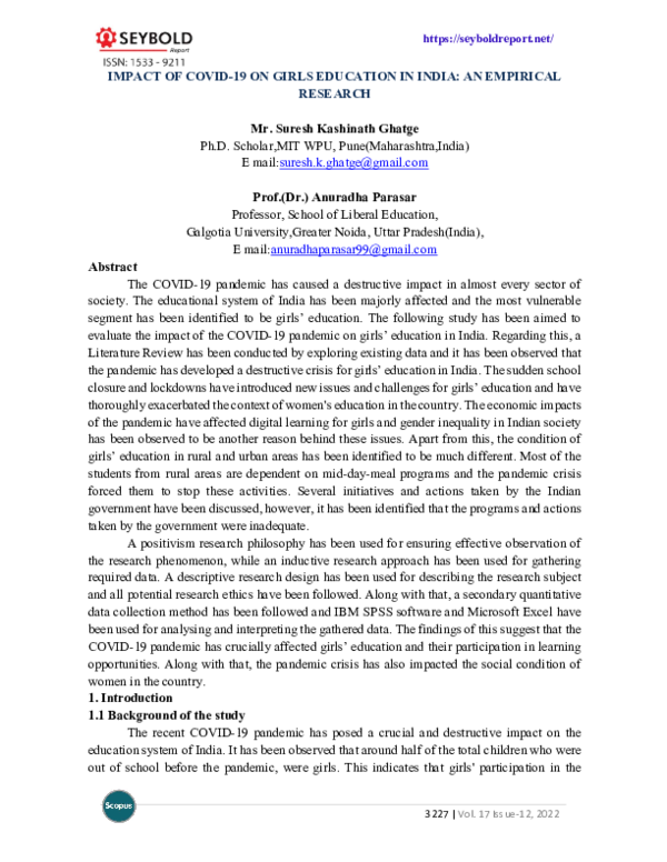 (PDF) IMPACT OF COVID 19 ON GIRLS EDUCATION IN INDIA: An Empirical ...