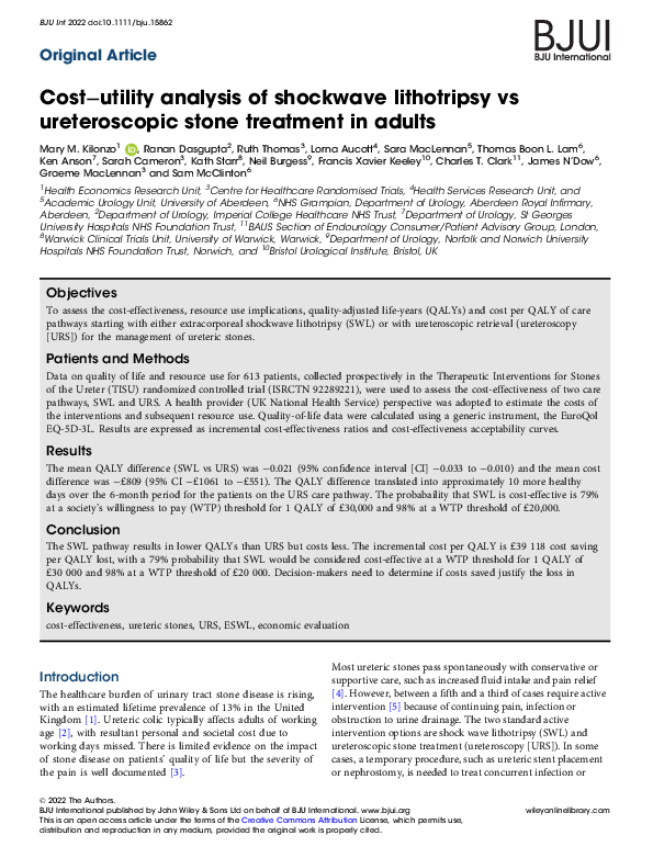 (PDF) Cost−utility analysis of shockwave lithotripsy vs ureteroscopic