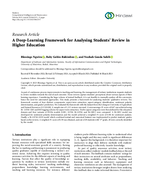 (PDF) A Deep-Learning Framework for Analysing Students’ Review in ...