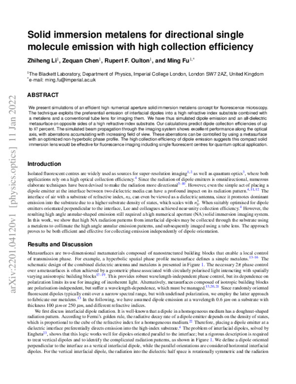 (PDF) Solid immersion metalens for directional single molecule emission ...