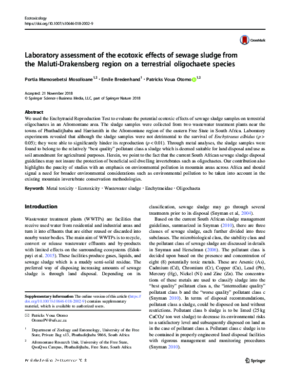 (PDF) Laboratory assessment of the ecotoxic effects of sewage sludge ...