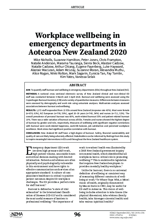 Workplace wellbeing in emergency departments in Aotearoa New Zealand 2020