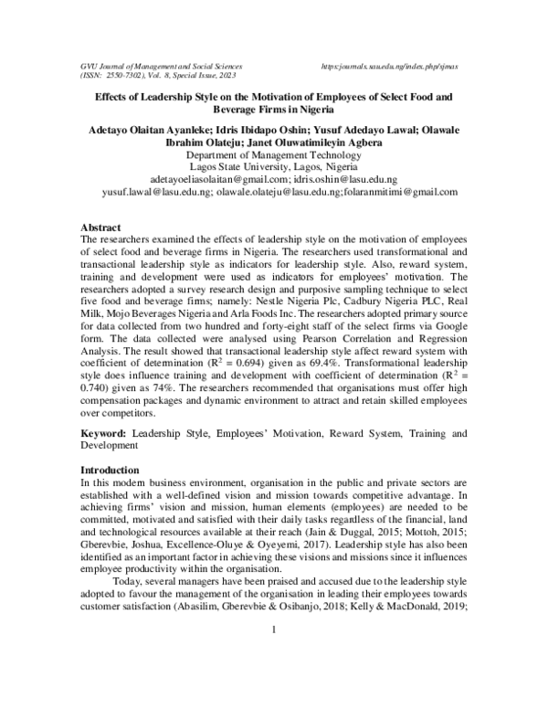 (PDF) Effects of Leadership Style on the Motivation of Employees of Select Food and Beverage