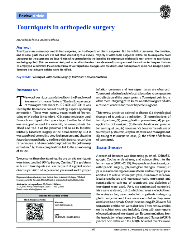 (PDF) Tourniquets in orthopedic surgery JAI PRAKASH SHARMA Academia.edu