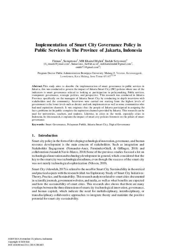 (PDF) Implementation of Smart City Governance Policy in Public Services ...