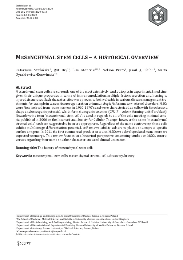 (PDF) Mesenchymal stem cells – a historical overview
