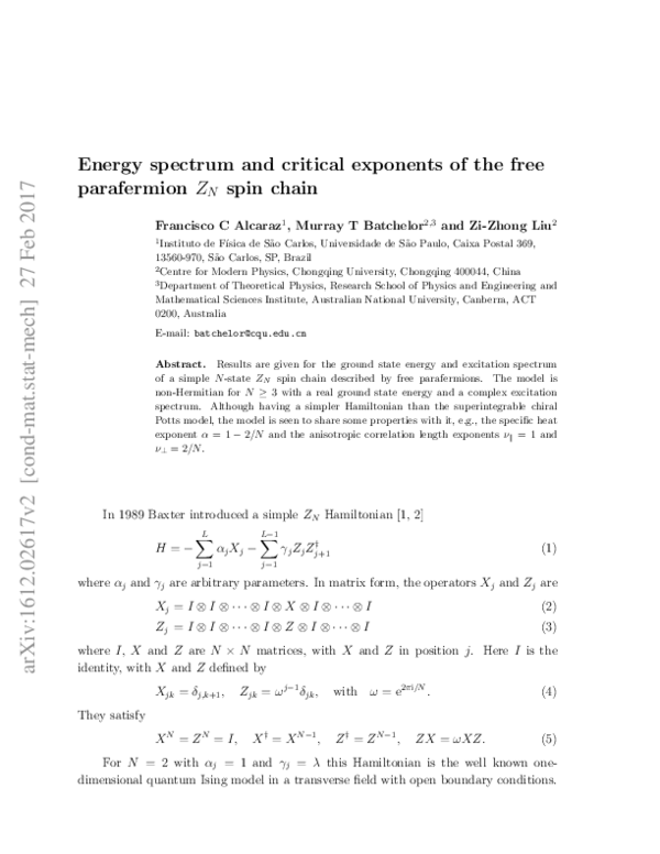 (PDF) Energy spectrum and critical exponents of the free ...
