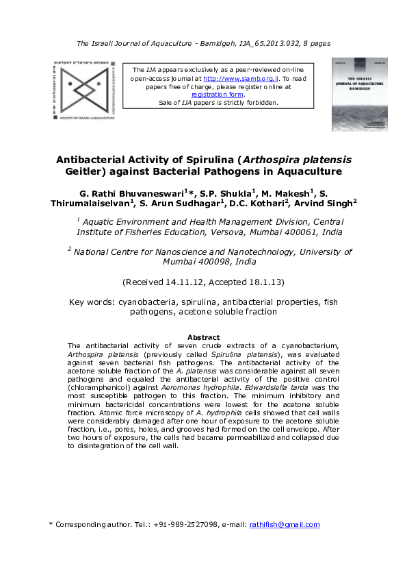 (PDF) Antibacterial Activity of Spirulina (Arthospira platensis Geitler ...