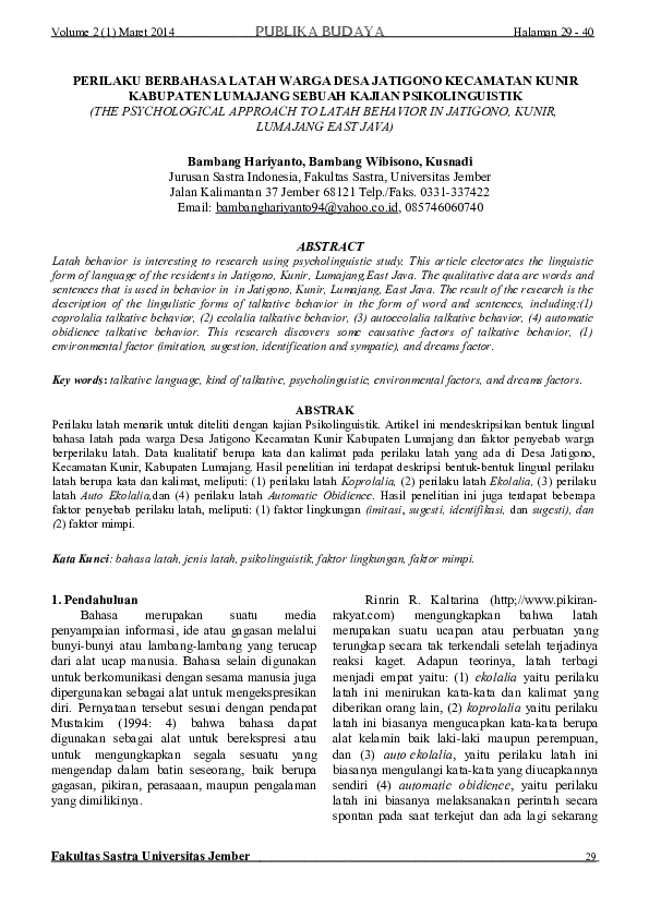 Perilaku Berbahasa Latah Warga Desa Jatigono Kecamatan Kunir Kabupaten Lumajang Sebuah Kajian Psikolinguistik