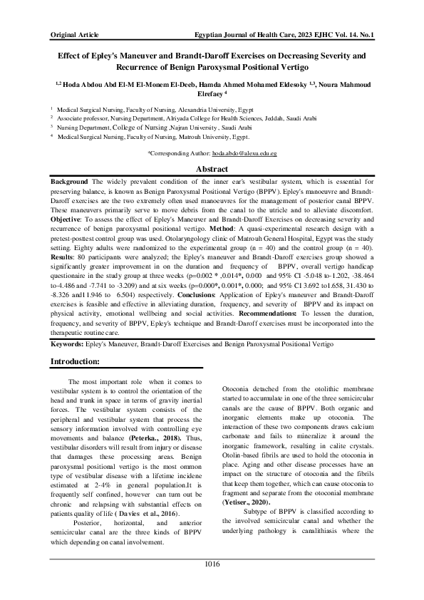 (PDF) Effect of Epley's Maneuver and Brandt-Daroff Exercises on ...