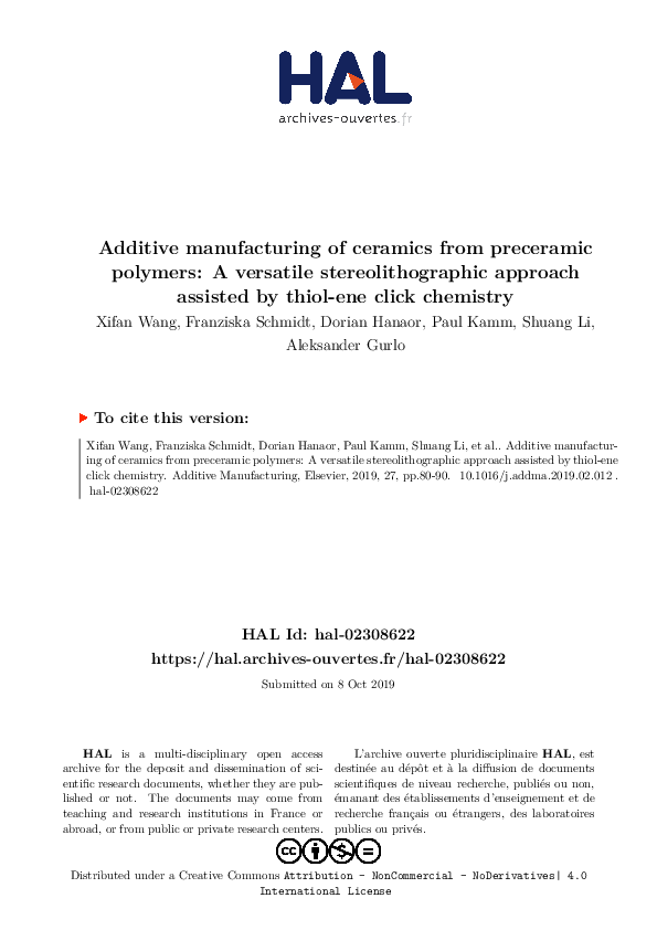 (PDF) Additive manufacturing of ceramics from preceramic polymers: A ...