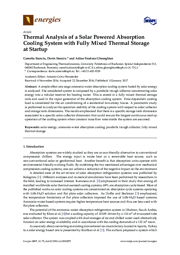 (PDF) Thermal Analysis of a Solar Powered Absorption Cooling System ...