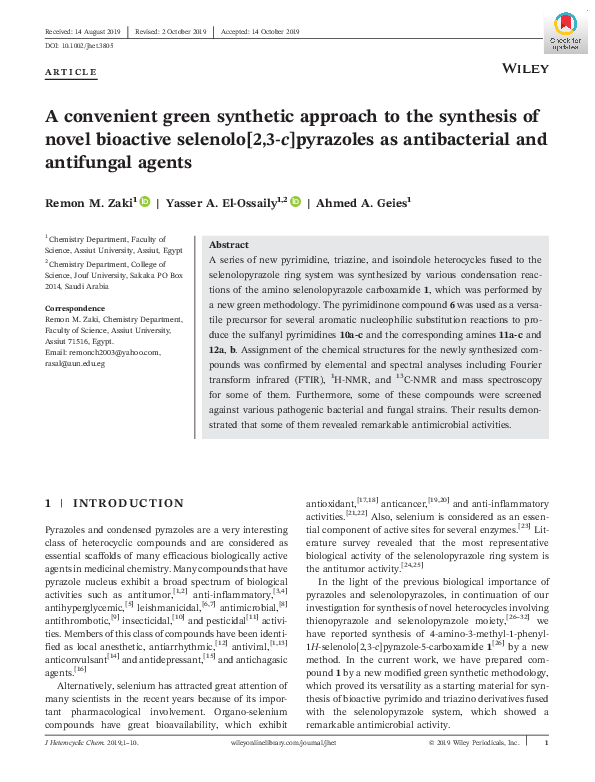 (PDF) A convenient green synthetic approach to the synthesis of novel ...
