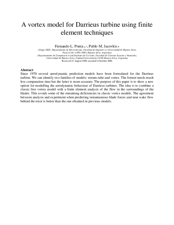 (PDF) A vortex model for Darrieus turbine using finite element techniques