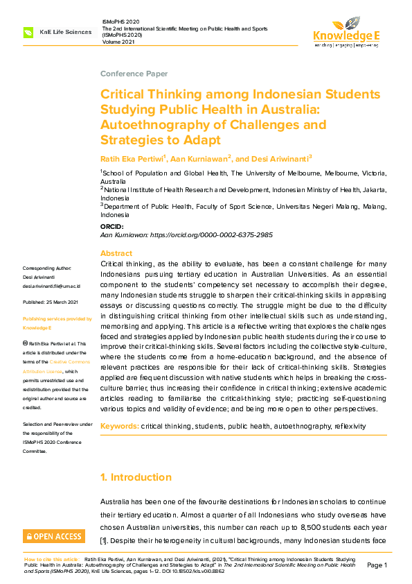 (PDF) Critical Thinking among Indonesian Students Studying Public ...