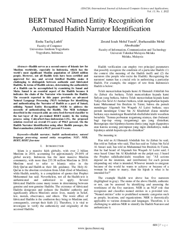 (PDF) BERT based Named Entity Recognition for Automated Hadith Narrator ...