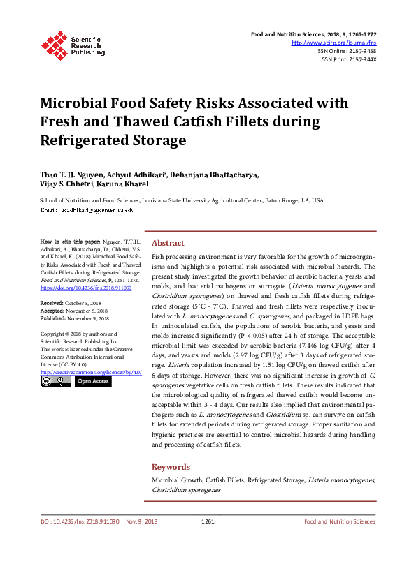 Microbial Food Safety Risks Associated with Fresh and Thawed Catfish Fillets during Refrigerated Storage