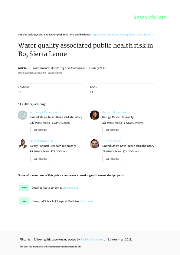 (PDF) Water quality associated public health risk in Bo, Sierra Leone