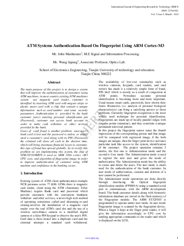 (PDF) ATM Systems Authentication Based On Fingerprint Using ARM Cortex-M3