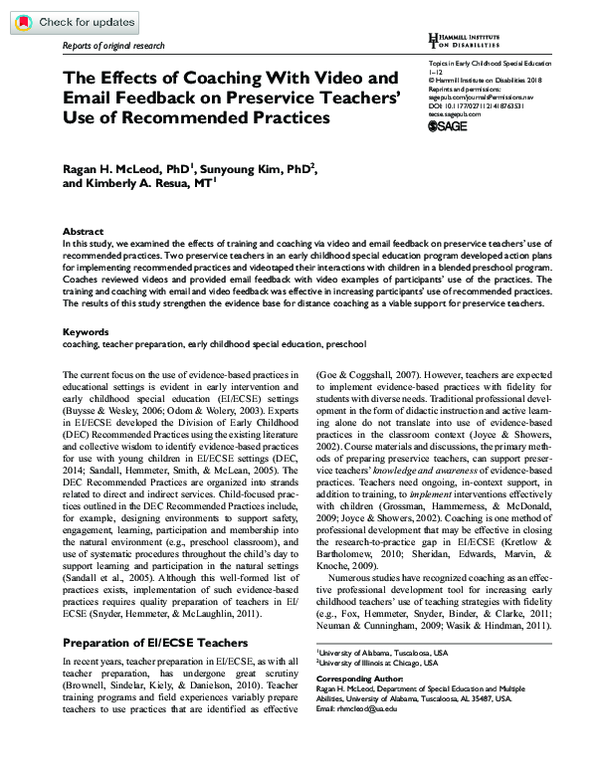 (PDF) The Effects of Coaching With Video and Email Feedback on ...