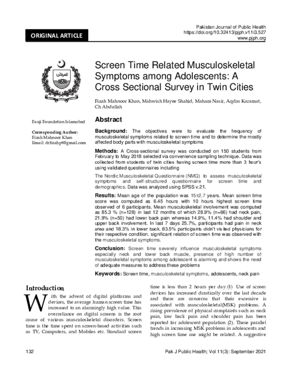(PDF) Screen Time Related Musculoskeletal Symptoms among Adolescents: A ...