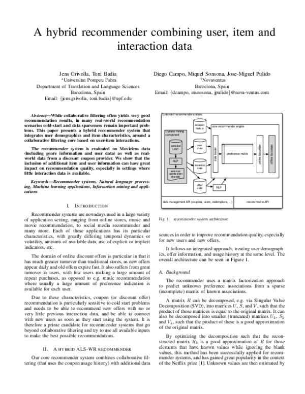 (PDF) A Hybrid Recommender Combining User, Item and Interaction Data