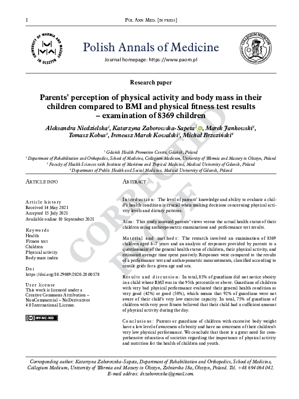 (PDF) Parents’ perception of physical activity and body mass in their ...
