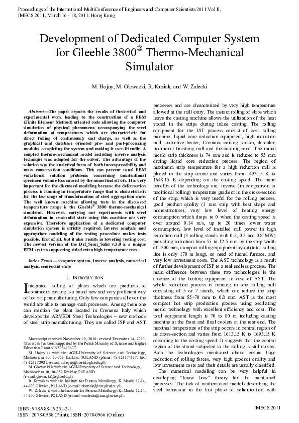 (PDF) Development of Dedicated Computer System for Gleeble 3800 Thermo