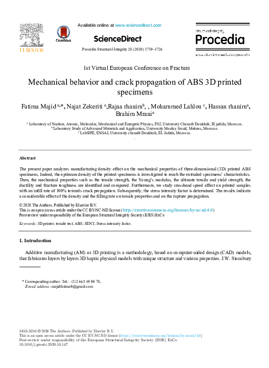 (PDF) Mechanical behavior and crack propagation of ABS 3D printed specimens