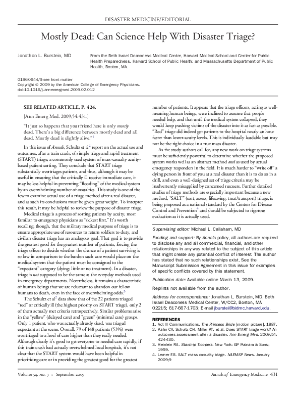 (PDF) Mostly Dead: Can Science Help With Disaster Triage? | Jonathan